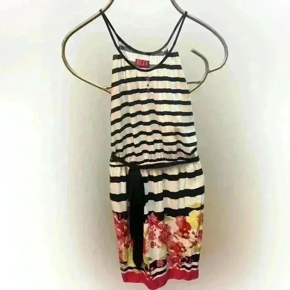 Elle Spring Tie Waist Dress Stripes and Floral Print Size Large - Picture 2 of 6